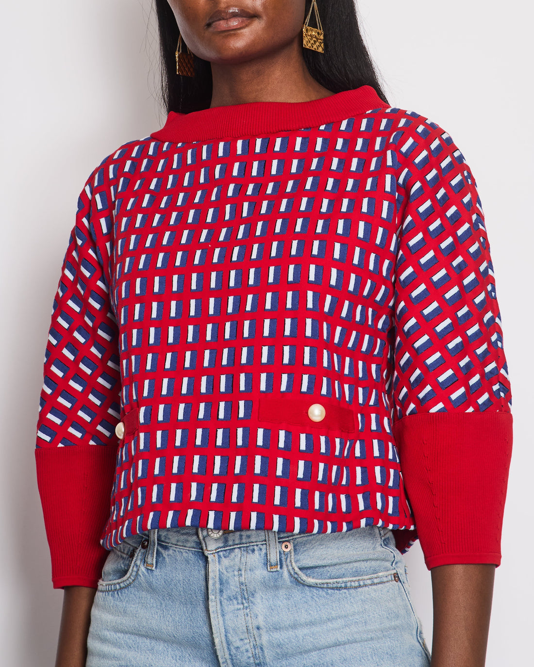 Pearl Street Bags Chanel SS13 Red Knit Jumper with Pearl Pockets & Blue and White Window Detail Size FR 36 (UK 8)