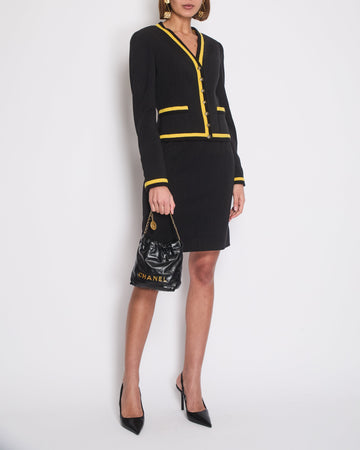 *HOT* Pearl Street Bags Chanel 1994  Black and Yellow Wool Jacket & Midi Skirt Set with CC Logo Button Details Size FR 40 (UK 12)