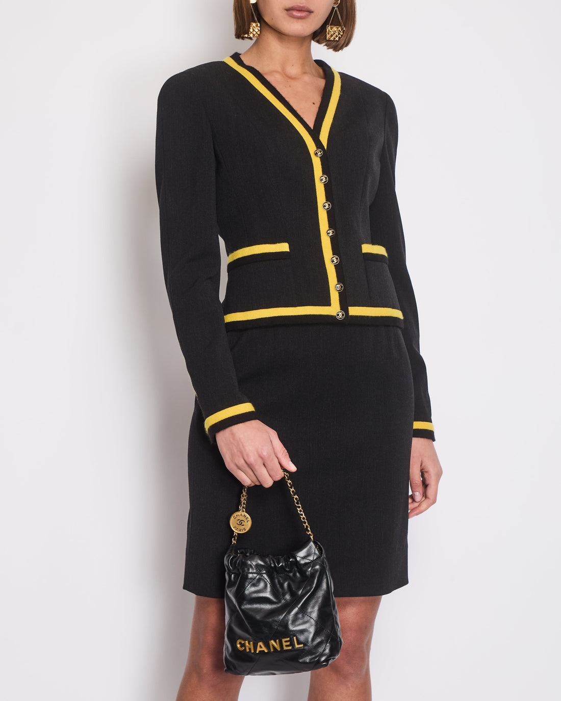 *HOT* Pearl Street Bags Chanel 1994  Black and Yellow Wool Jacket & Midi Skirt Set with CC Logo Button Details Size FR 40 (UK 12)