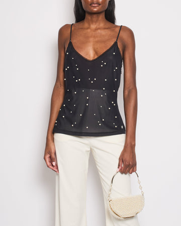 Pearl Street Bags Chanel Black Tank Top with Pearl Embellishments and CC Logo Detail Size FR 38 (UK 10)