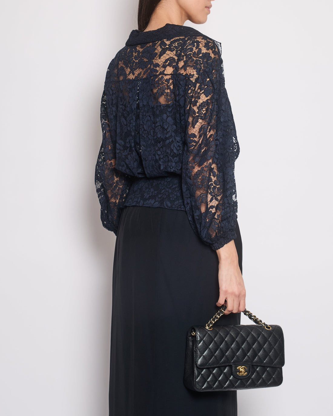 Pearl Street Bags Chanel Navy Lace Long Sleeve Shirt with Ruthenium Buttons Detail Size FR 36 (UK 8)