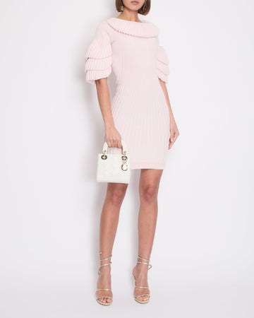 Pearl Street Bags Chanel Pink Paris Moscow Short Sleeve Ruffle Mini Dress with Pearl Zipper Logo Size FR 34 (UK 6)