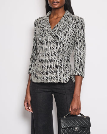 Pearl Street Bags Chanel Black and Silver Metallic Tweed Jacket with CC Buttons and Removable Pearl Detail Size FR 38 (UK 10)