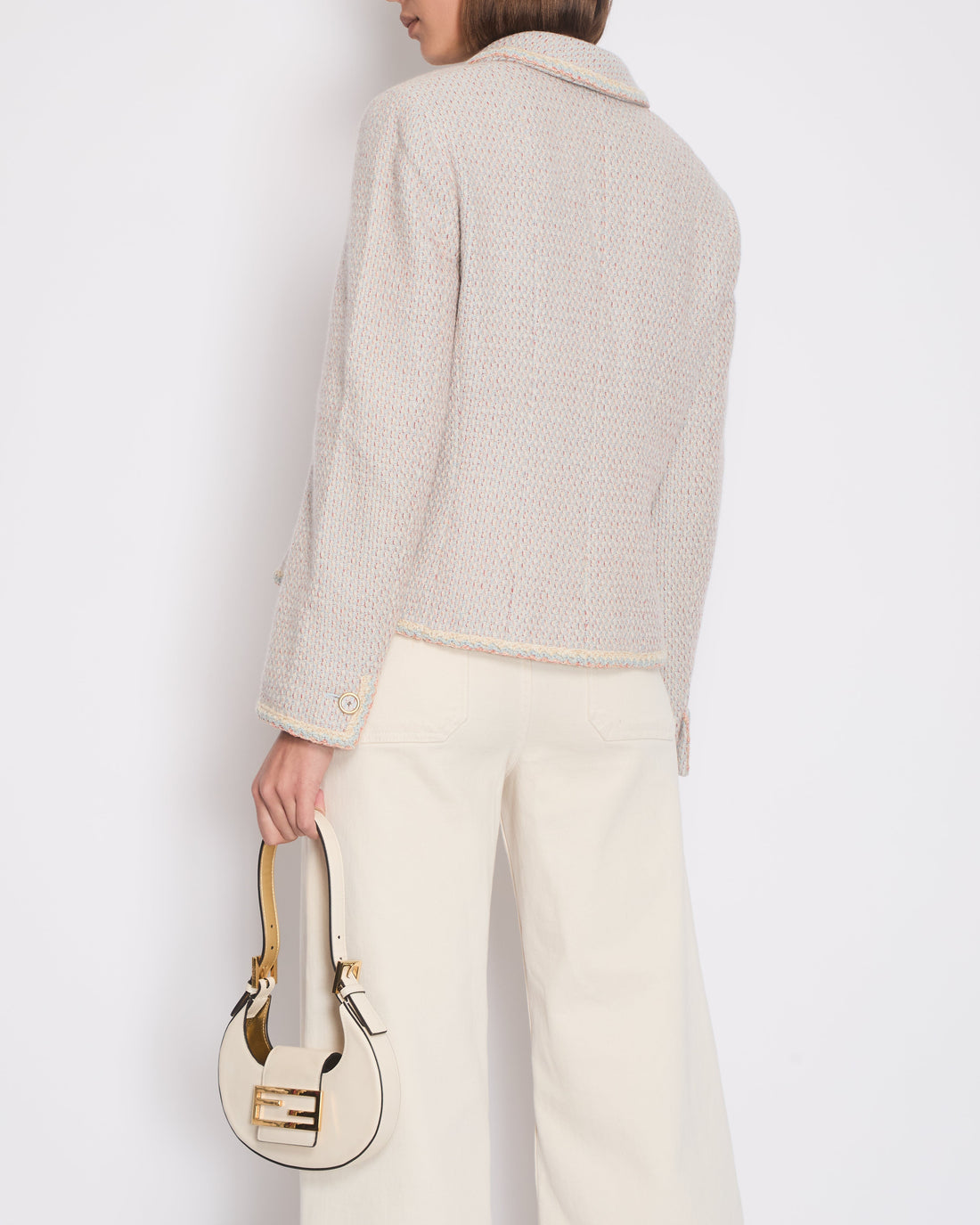 Pearl Street Bags Chanel Pastel Blue, Pink and Beige Tweed Jacket with Transparent CC Logo Button Details Size FR 44 (UK 16)