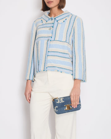 Pearl Street Bags Chanel 00/C Blue and Green Striped Tweed Jacket with Transparent Blue CC Logo Button Details Size FR 46 (UK 18)