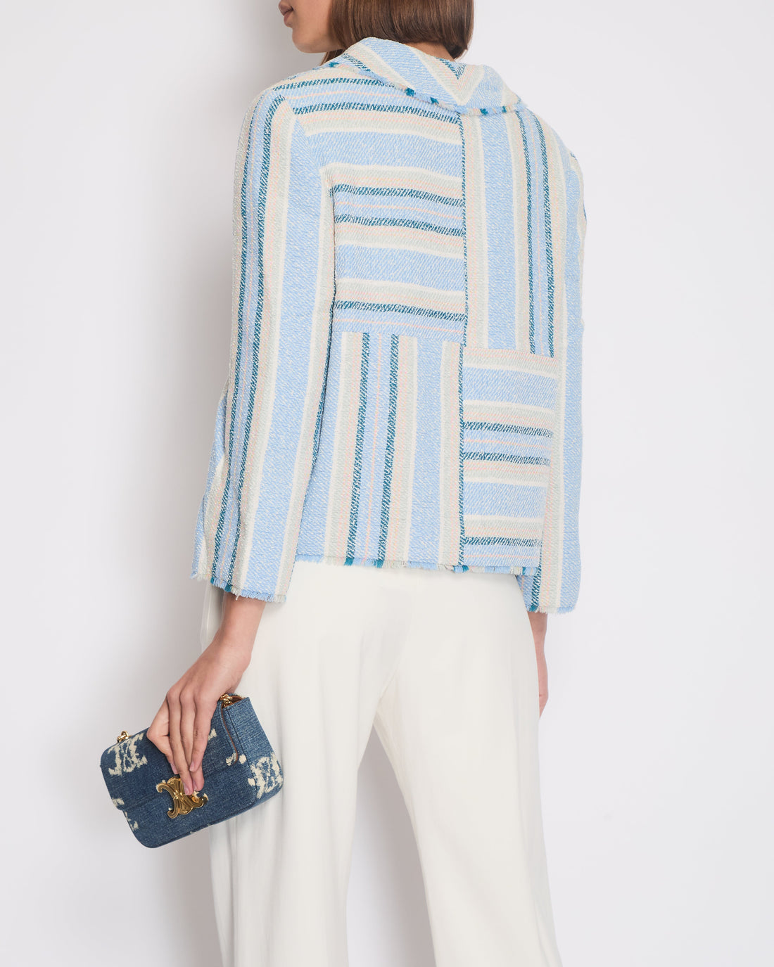 Pearl Street Bags Chanel 00/C Blue and Green Striped Tweed Jacket with Transparent Blue CC Logo Button Details Size FR 46 (UK 18)