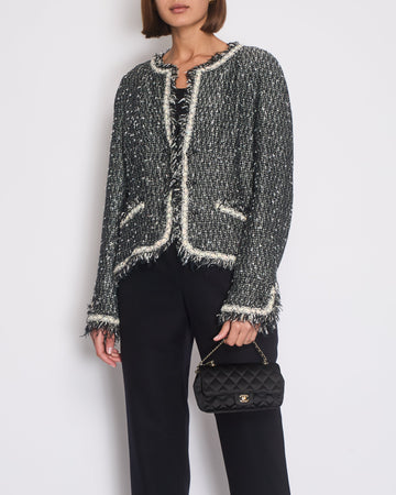Pearl Street Bags Chanel 05/A Black, Navy, White Tweed Jacket with Frilled Edges and Crystal Chained Button Details Size FR 46 (UK 18)