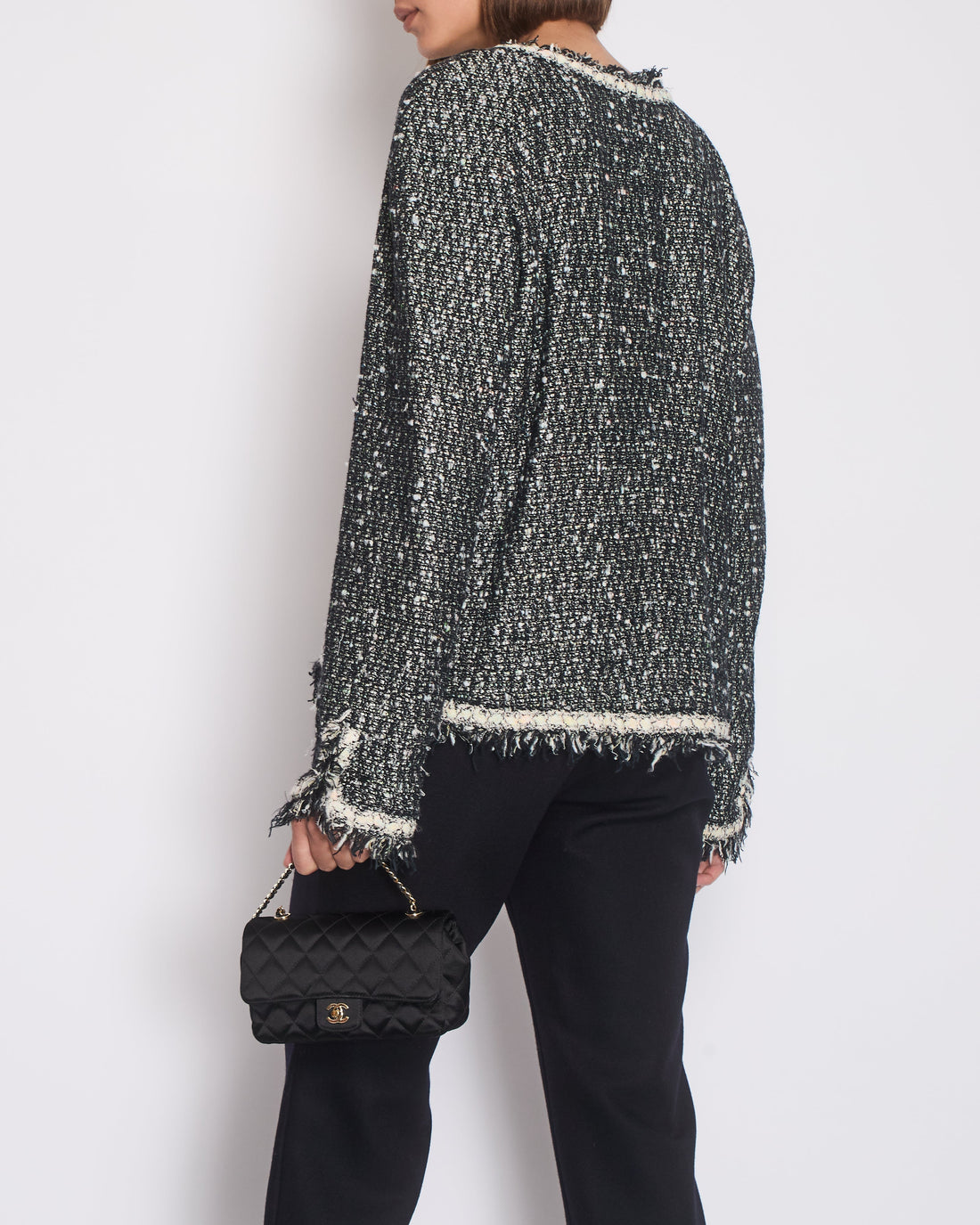 Pearl Street Bags Chanel 05/A Black, Navy, White Tweed Jacket with Frilled Edges and Crystal Chained Button Details Size FR 46 (UK 18)