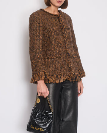 Pearl Street Bags Chanel Brown, Black Checked Tweed Jacket with Frilled Hem and Cuff Details Size FR 46 (UK 18)