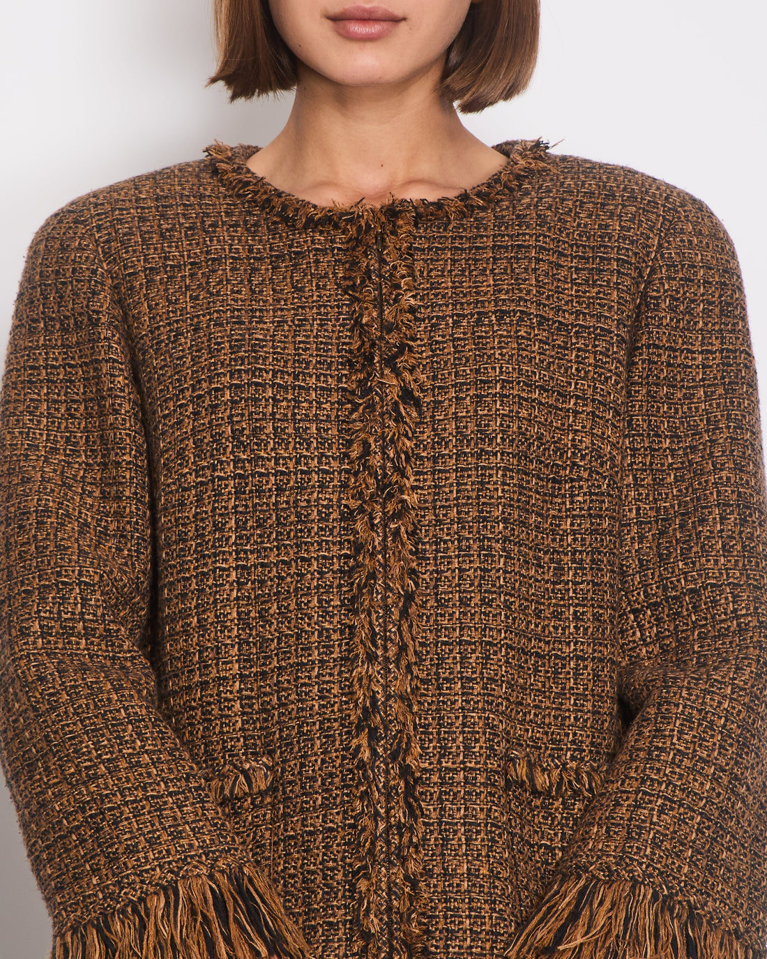 Pearl Street Bags Chanel Brown, Black Checked Tweed Jacket with Frilled Hem and Cuff Details Size FR 46 (UK 18)