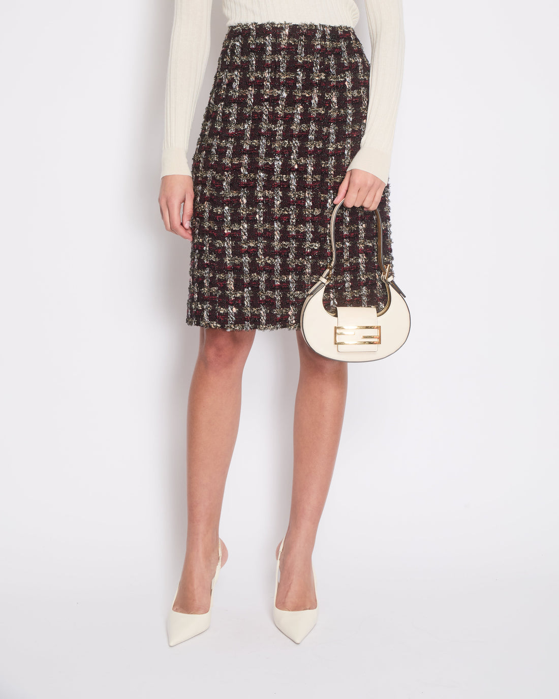 Pearl Street Bags Chanel Red, Black and Gold Checked Tweed Skirt with a Black CC Crystal Logo Detail Size FR 44 (UK 16)