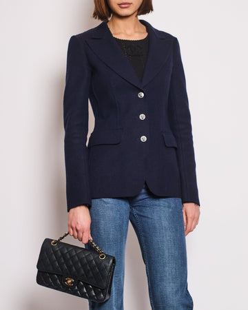 Pearl Street Bags Chanel Navy Wool Blazer Jacket with Silver CC Button Detail FR 36 (UK 8)