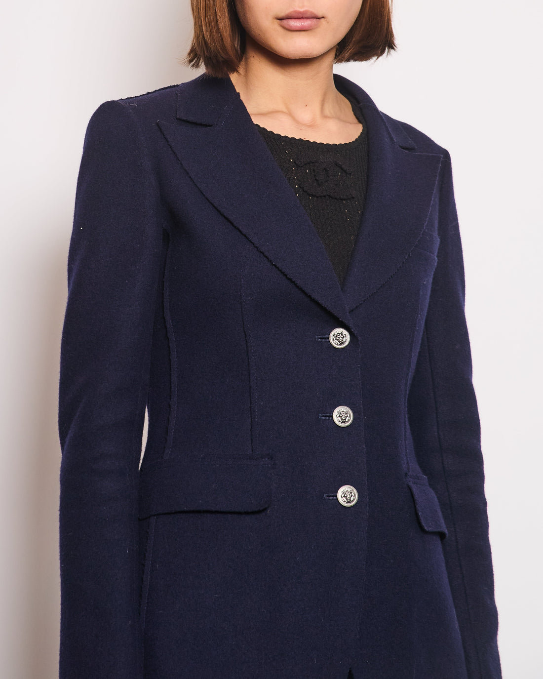 Pearl Street Bags Chanel Navy Wool Blazer Jacket with Silver CC Button Detail FR 36 (UK 8)