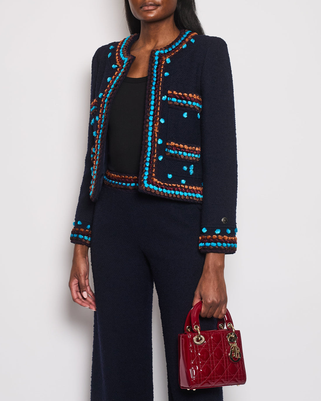 Pearl Street Bags Chanel for Bergdorf Newman AW/97 Navy Boucle Cropped Jacket with Matching Trors Size FR 36 (UK 8)