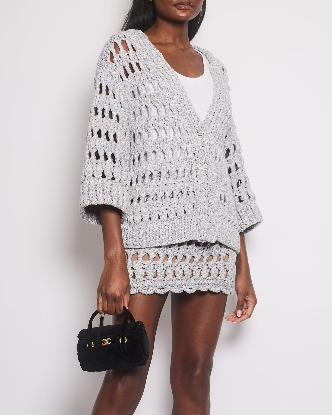 *SUPER HOT* Pearl Street Bags Chanel 25C Grey Chunky Knitted igan & Skirt Set with Crystal Flower Buttons Detail Size FR 36 (UK 8) / FR 34 (UK 6)