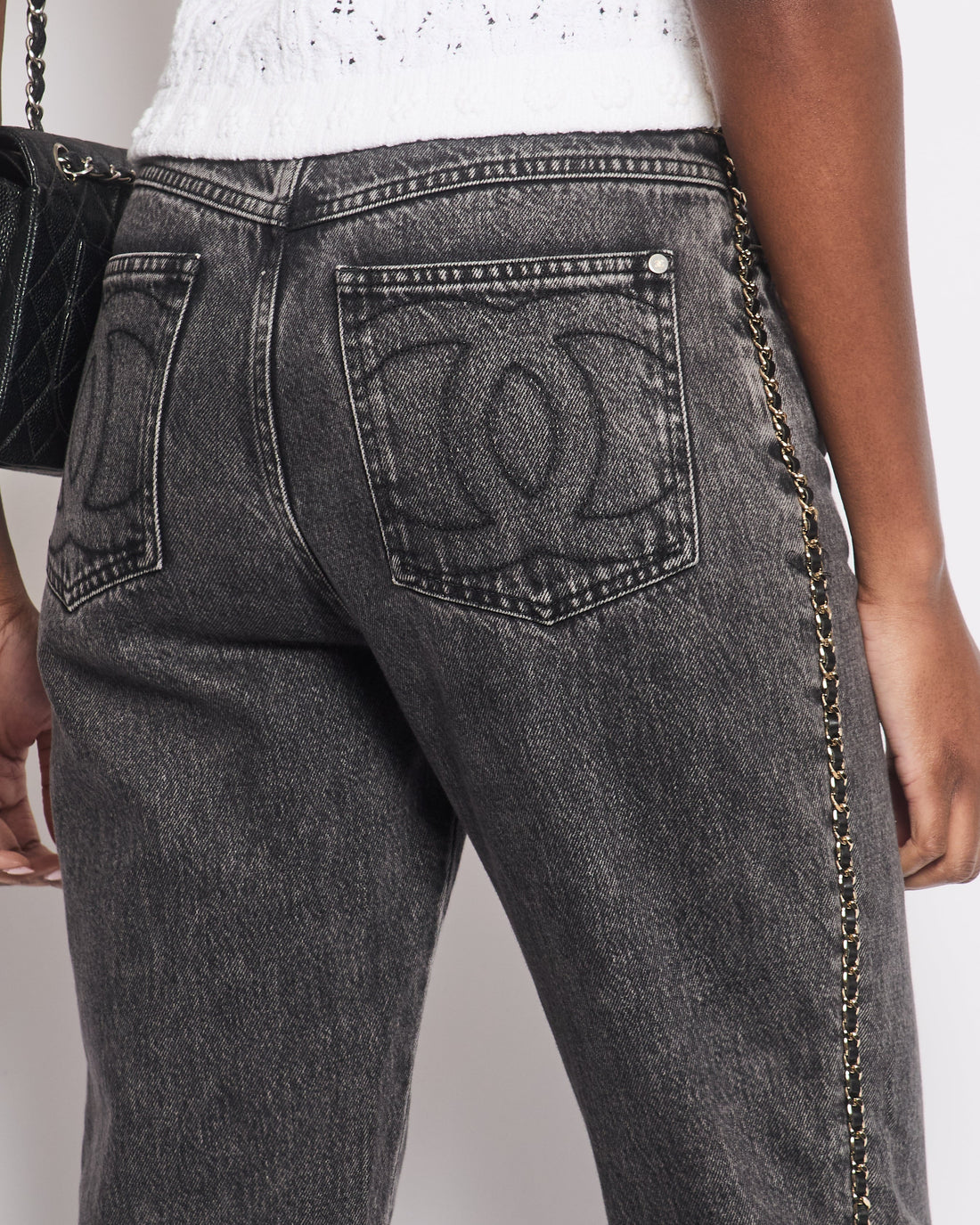 *HOT* Pearl Street Bags Chanel 23N Coco Neige Washed Black Printed Straight Leg Jeans with Gold Chain Trim & CC Pocket Details Size FR 36 (UK 8) RRP ¬£3,250
