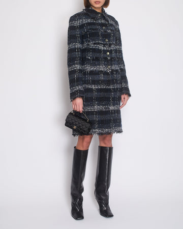 Pearl Street Bags Chanel 05/P Navy, Black and Grey Checked Tweed Jacket and Skirt Set with Frills and CC Button Details Size FR 44 (UK 16)