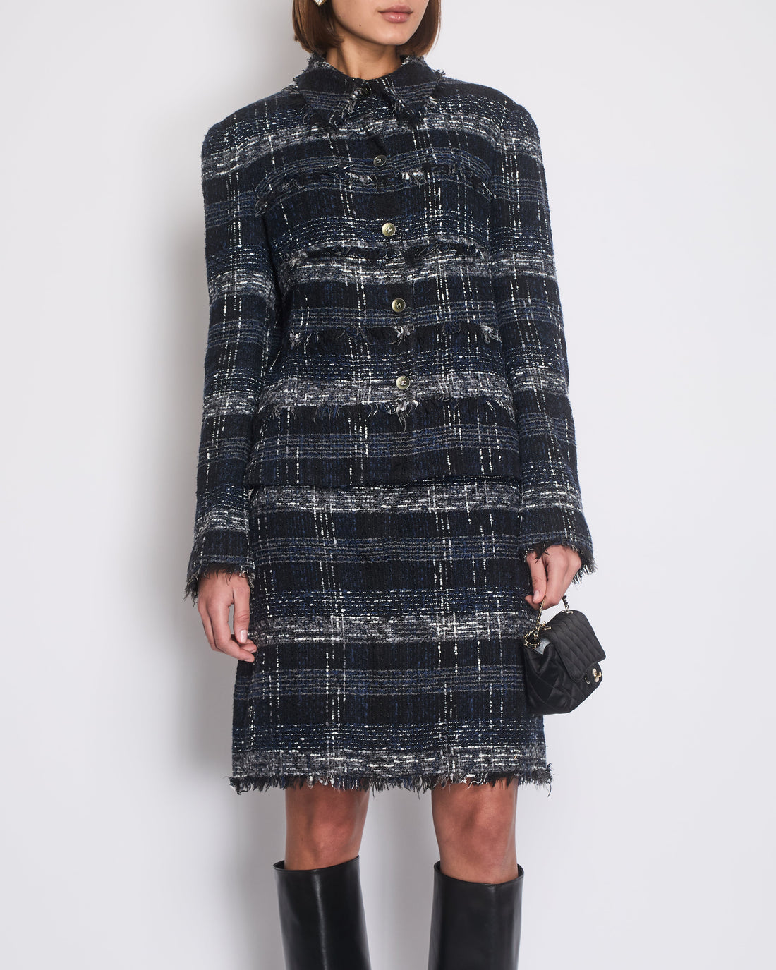 Pearl Street Bags Chanel 05/P Navy, Black and Grey Checked Tweed Jacket and Skirt Set with Frills and CC Button Details Size FR 44 (UK 16)