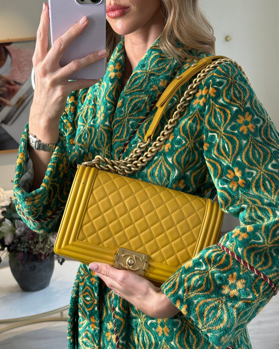 Pearl Street Bags Chanel Mustard Yellow Medium Boy Bag in Calfskin Leather with Antique Gold Hardware
