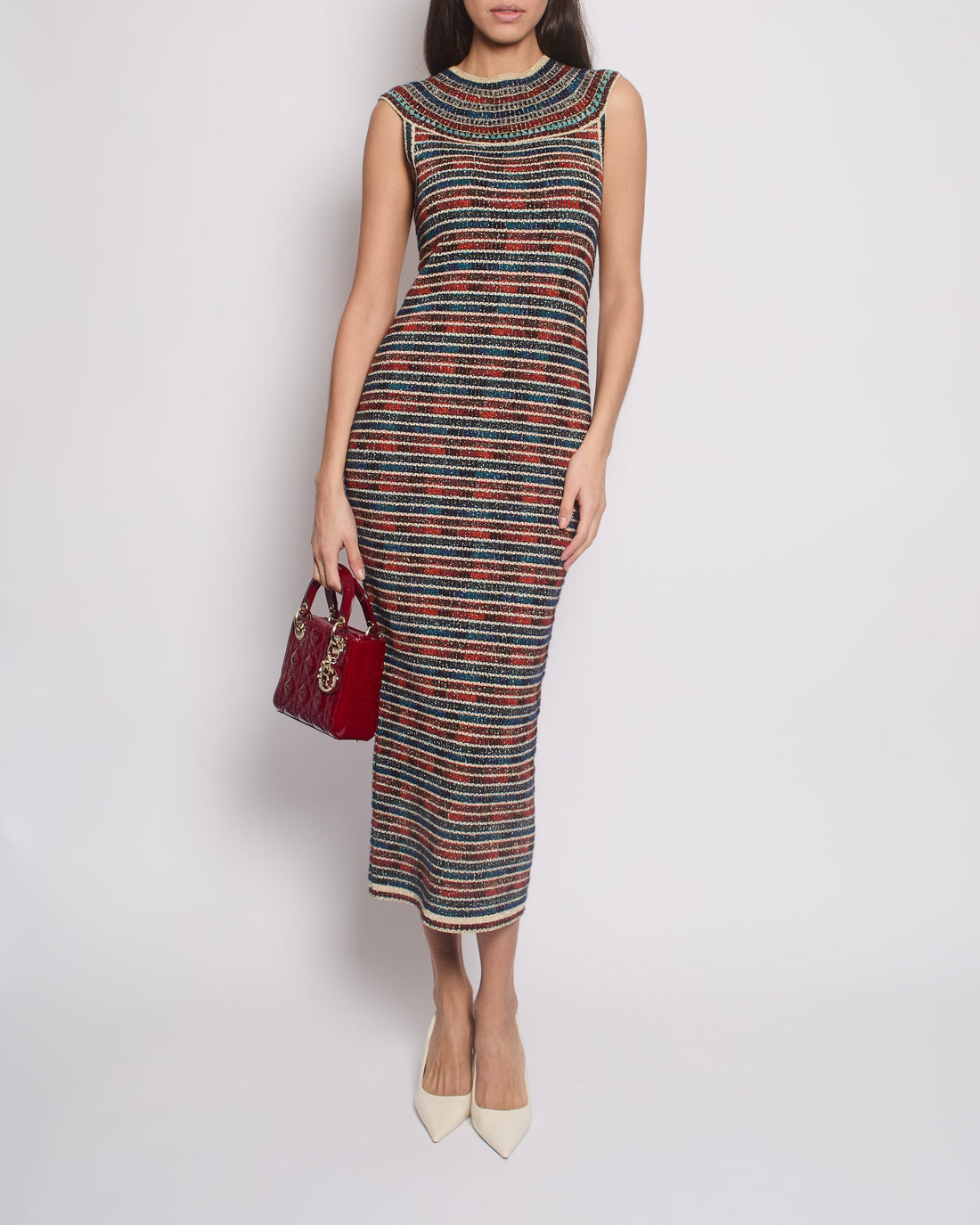 *RARE* Pearl Street Bags Chanel 19A Egypt Collection Metallic Gold, Red and Blue Sleeveless Knitted Midi Dress Size FR 34 (UK 6) RRP ¬£2,150
