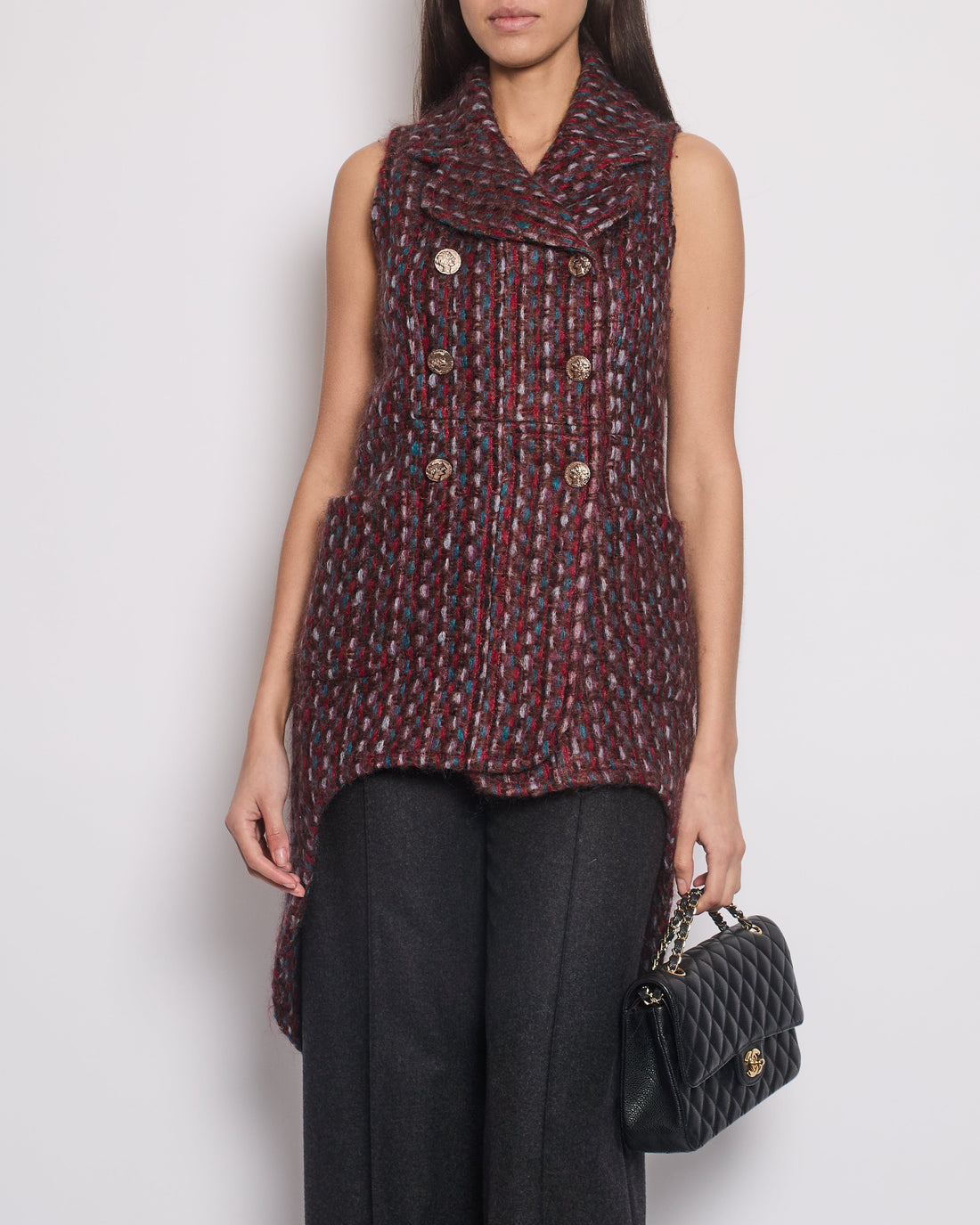 Pearl Street Bags Chanel 16P Mohair Red & Blue Tweed Gilet Jacket With Bronze Button Detail Size FR 36 (UK 8)