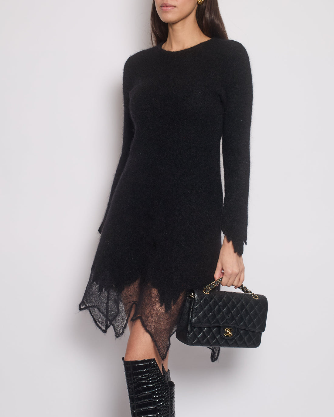 Pearl Street Bags Chanel Black Round Neck Long Sleeve Mohair Midi Dress Size FR 36 (UK 8)