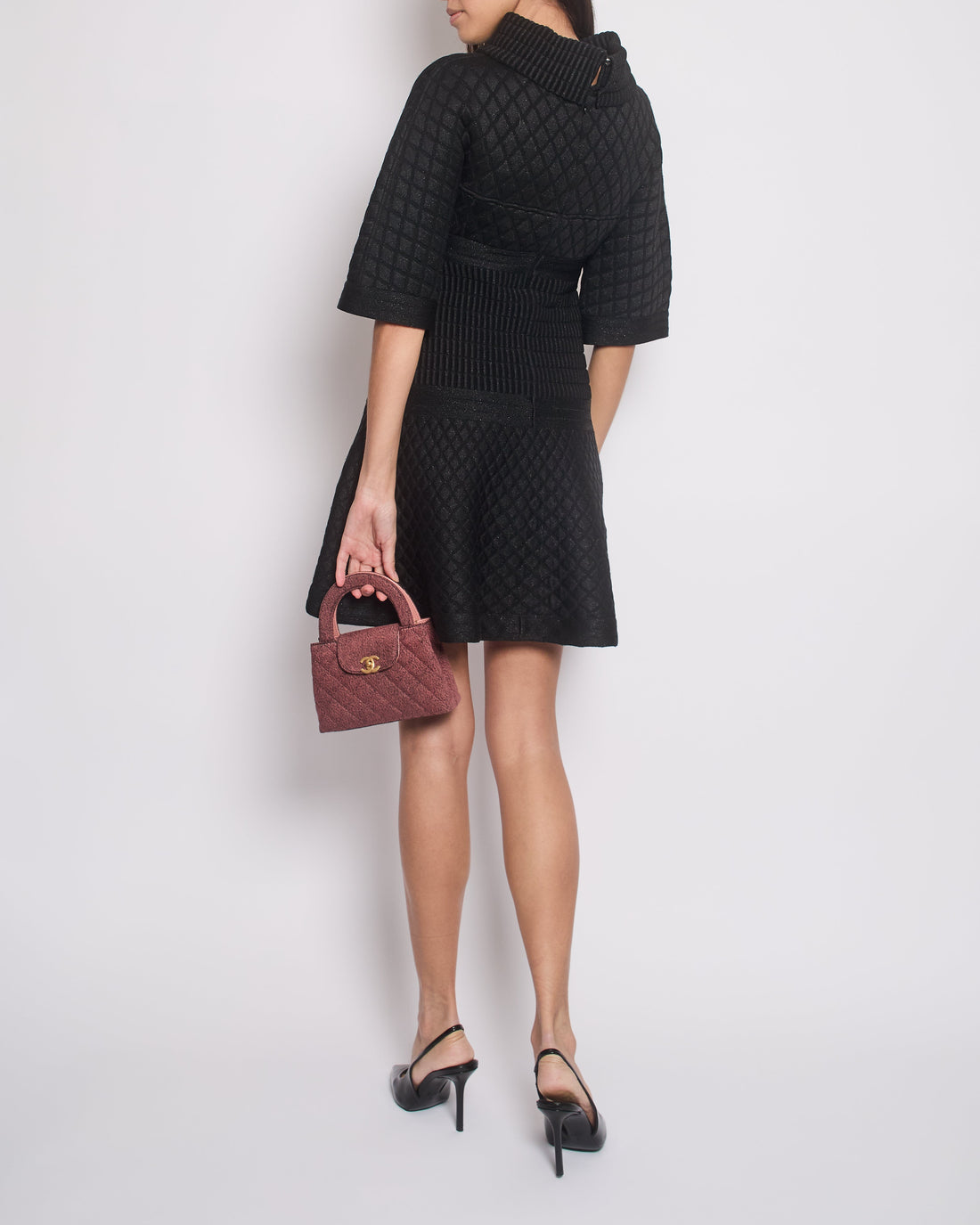 Pearl Street Bags Chanel Black Jacquard Knit 3/4 Sleeve Dress with Quilted Detail Size FR 36 (UK 8)