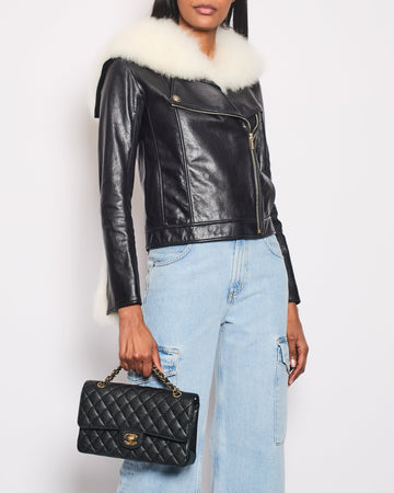 Pearl Street Bags Chanel Black Leather Asymmetric Jacket with White Fur Details and Logo Buttons Detail Size FR 34 (UK 6)