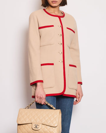 Pearl Street Bags Chanel  Wool Beige and Red Jacket with Gold CC Button Details Size FR 38 (UK 10)