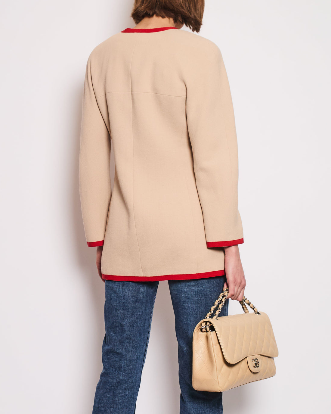Pearl Street Bags Chanel  Wool Beige and Red Jacket with Gold CC Button Details Size FR 38 (UK 10)