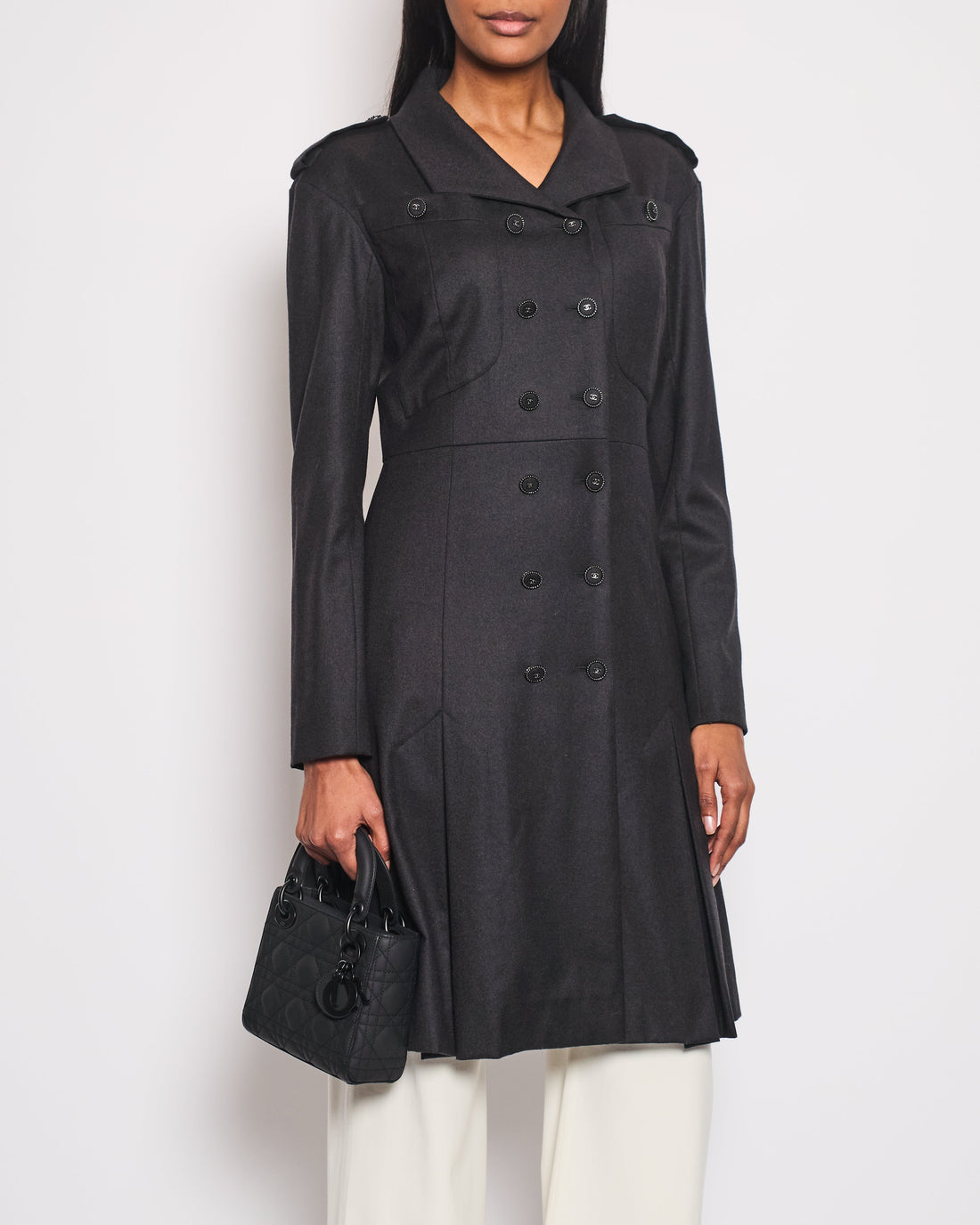 Pearl Street Bags Chanel Charcoal Wool Trench Coat with CC Logo Buttons Detailing Size FR 42 (UK 14)