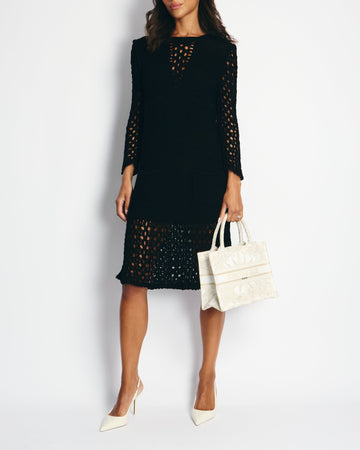 Pearl Street Bags Chanel Black Crochet Long Sleeve Dress with Pearl Button Back Detail Size FR 38 (UK 10)