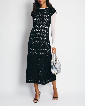 Pearl Street Bags Chanel Black Crochet Short Sleeve Midi Dress with White Long-Sleeve Under-Layer Set Size FR 34 (UK 6)