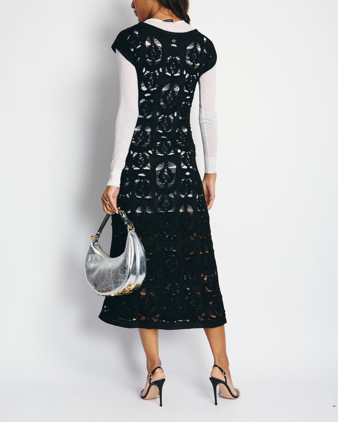 Pearl Street Bags Chanel Black Crochet Short Sleeve Midi Dress with White Long-Sleeve Under-Layer Set Size FR 34 (UK 6)