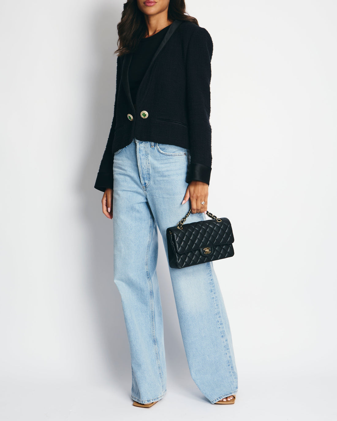Pearl Street Bags Chanel Black Tweed Jacket with Satin Collar and Crystal Button Detail FR 42 (UK 14)