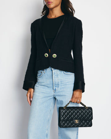 Pearl Street Bags Chanel Black Tweed Jacket with Satin Collar and Crystal Button Detail FR 42 (UK 14)
