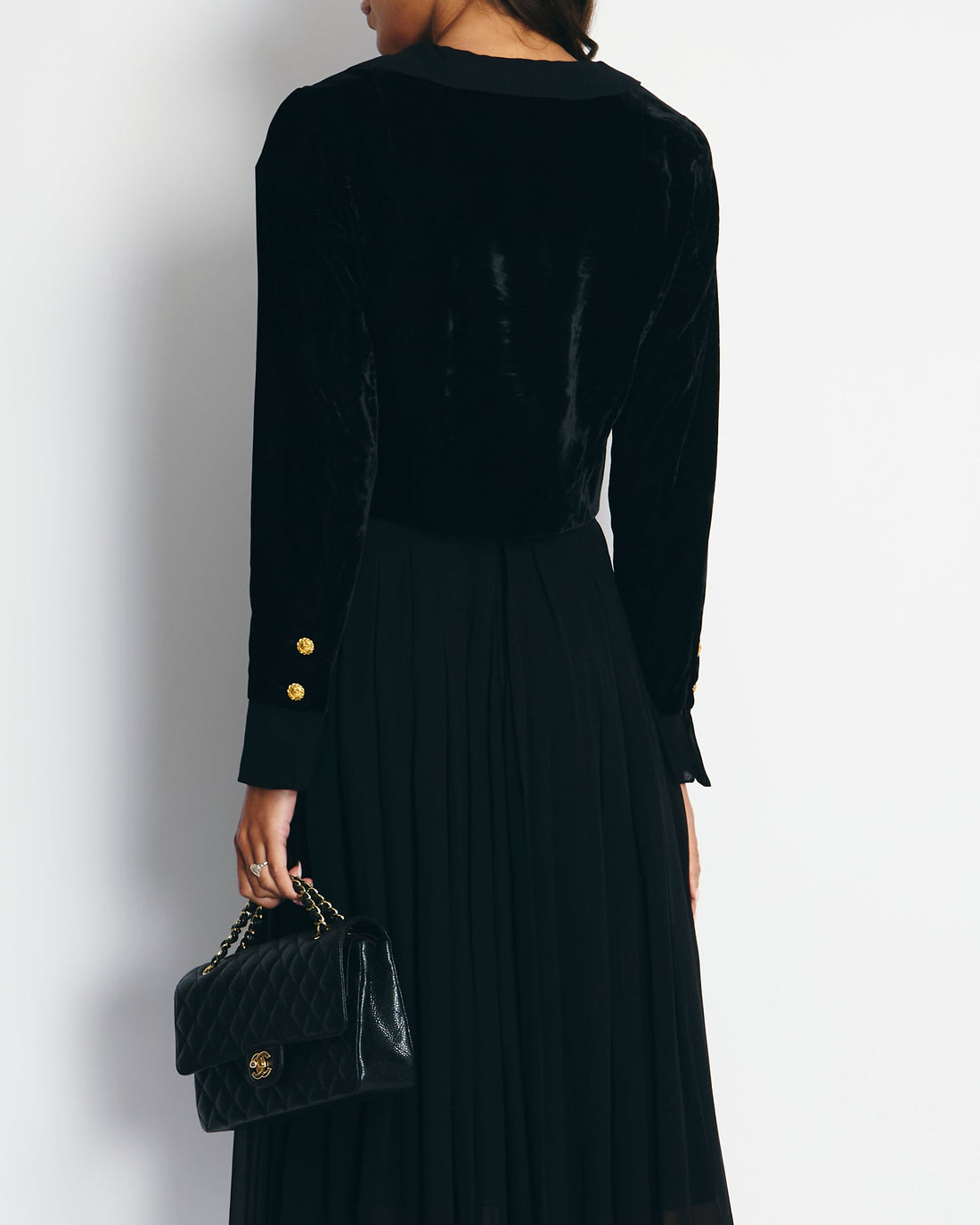 Pearl Street Bags Chanel  Black Pleated Mesh Skirt and Velvet Jacket Set Size FR 38 (UK 10)