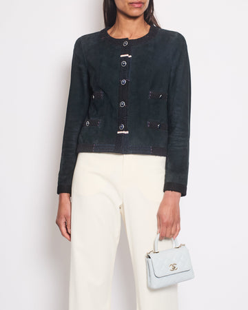 Pearl Street Bags Chanel Navy Suede CC Button Up Jacket With Blue Tweed Trim & Pocket Detail Size FR 38 (UK 10)