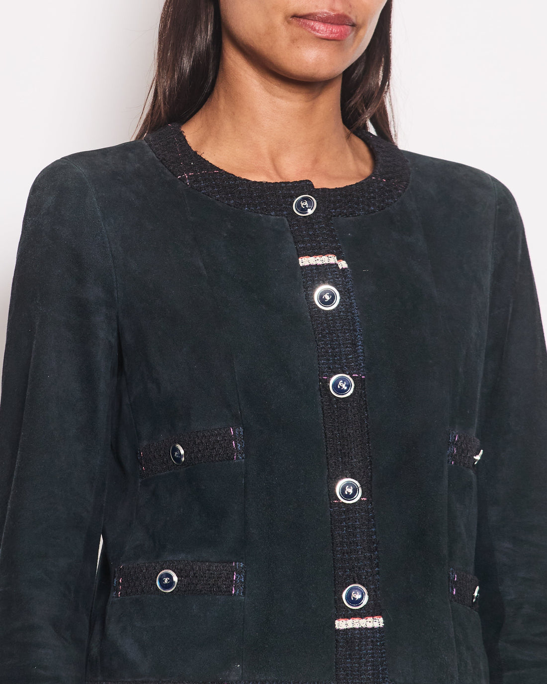 Pearl Street Bags Chanel Navy Suede CC Button Up Jacket With Blue Tweed Trim & Pocket Detail Size FR 38 (UK 10)