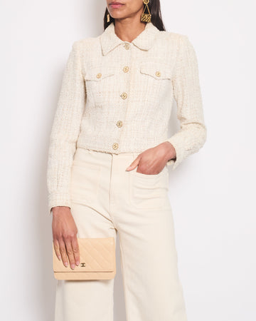 *HOT* Pearl Street Bags Chanel 01P Cream Tweed Long Sleeve Cropped Jacket with CC Beige Buttons Detail Size FR 38 (UK 10)