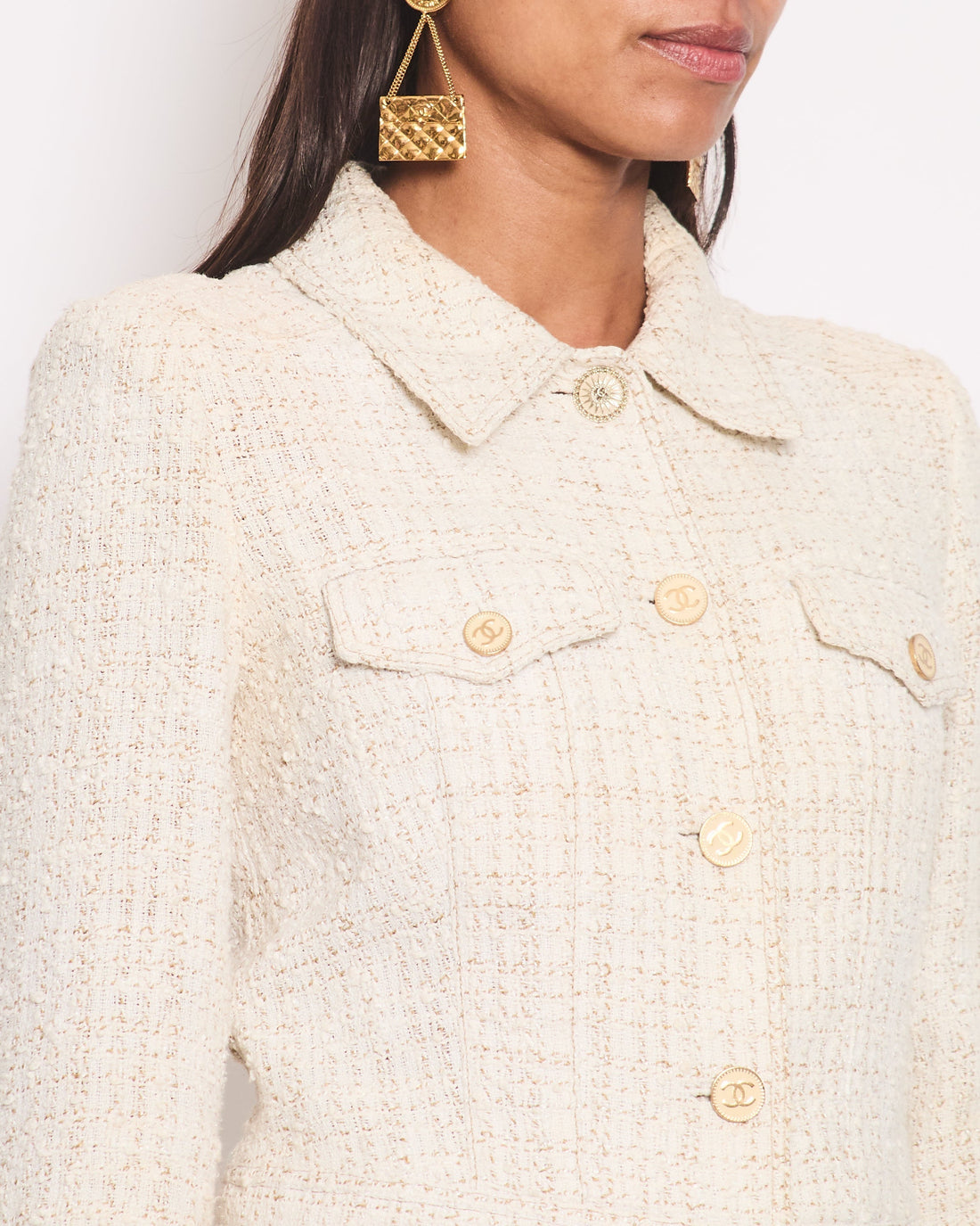 *HOT* Top Quality Chanel 01P Cream Tweed Long Sleeve Cropped Jacket with CC Beige Buttons Detail Size FR 38 (UK 10)