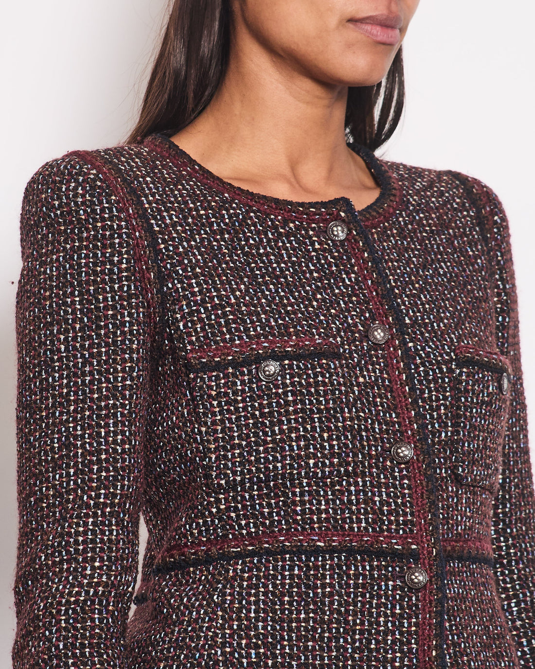 Pearl Street Bags Chanel 02A Navy & Burgundy Multicolour Tweed Long Sleeve Jacket with Brown Buttons Detail Size FR 38 (UK 10)