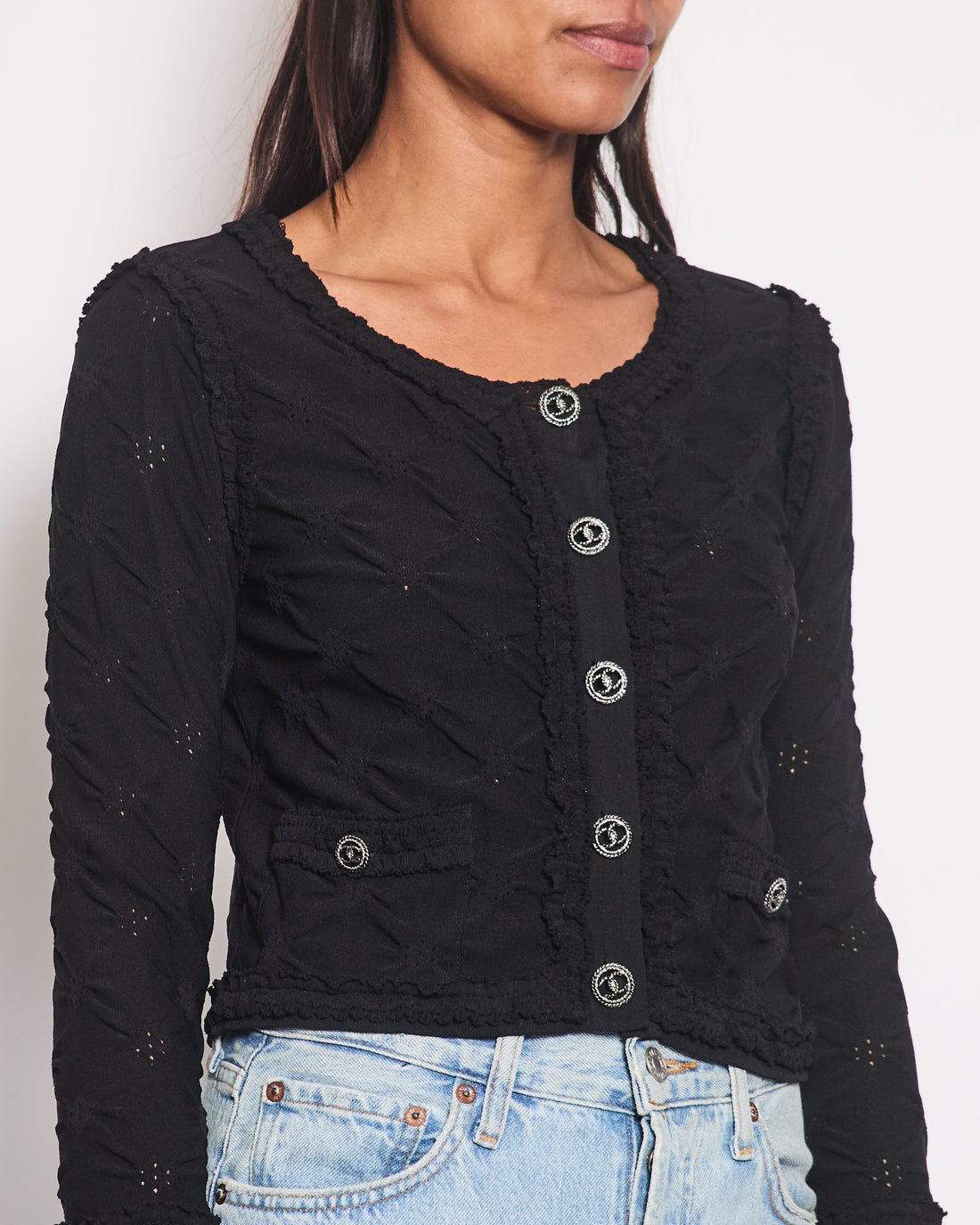*HOT* Pearl Street Bags Chanel Black Stretch-Jersey igan with Ruthenium CC Buttons Detail Size FR 36 (UK 8)