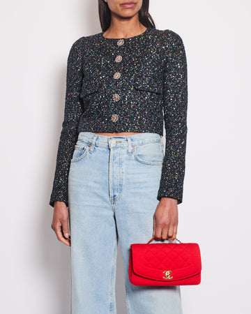 Pearl Street Bags Chanel Navy Blue & Multicolour Sequin Tweed Cropped Jacket With Dusty Pink Camelia Embellished Buttons Detail Size FR 34 (UK 6)
