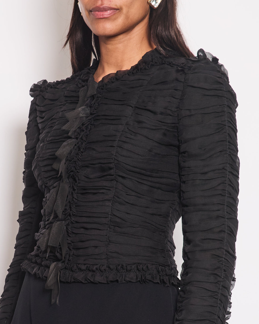 Pearl Street Bags Chanel 06A Black Ruched Long Sleeve Silk Blo with Bows Detail FR 38 (UK 10)