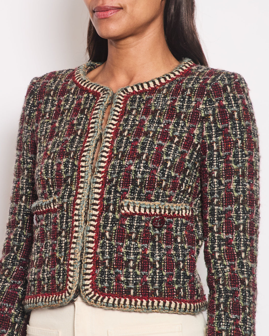 *HOT* Pearl Street Bags Chanel 15K Burgundy & Green Multicolour Wool Tweed Jacket With Burgundy CC Buttons Detail Size FR 36 (UK 8)