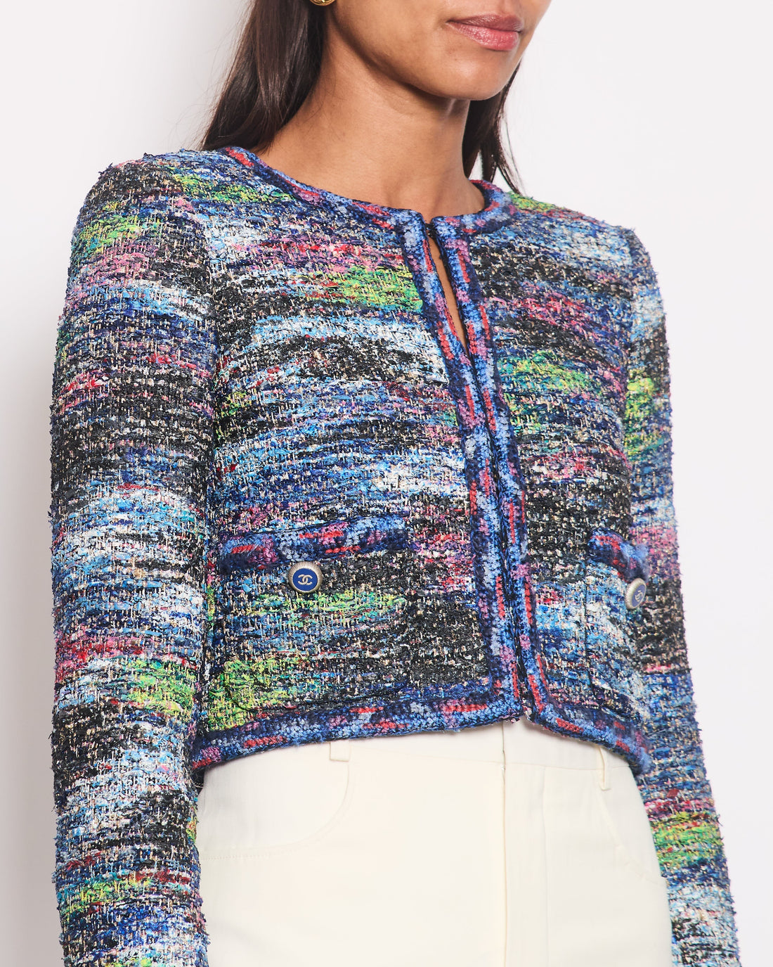Pearl Street Bags Chanel Electric Blue & Multicolour Tweed Jacket With Blue & Gold CC Buttons Detail Size FR 34 (UK 6)