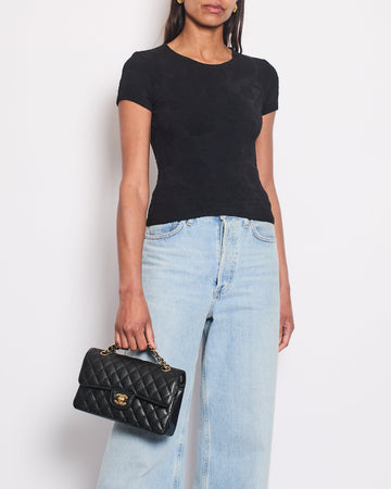 Pearl Street Bags Chanel Black Stretch Short Sleeve T-Shirt with CC Logo & Cammelia Details Size FR 36 (UK 8)