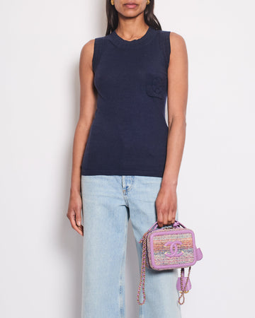 Pearl Street Bags Chanel Navy Cashmere Fine Knit Sleeveless Top With Camelia Pocket Detail FR 36 (UK 8)