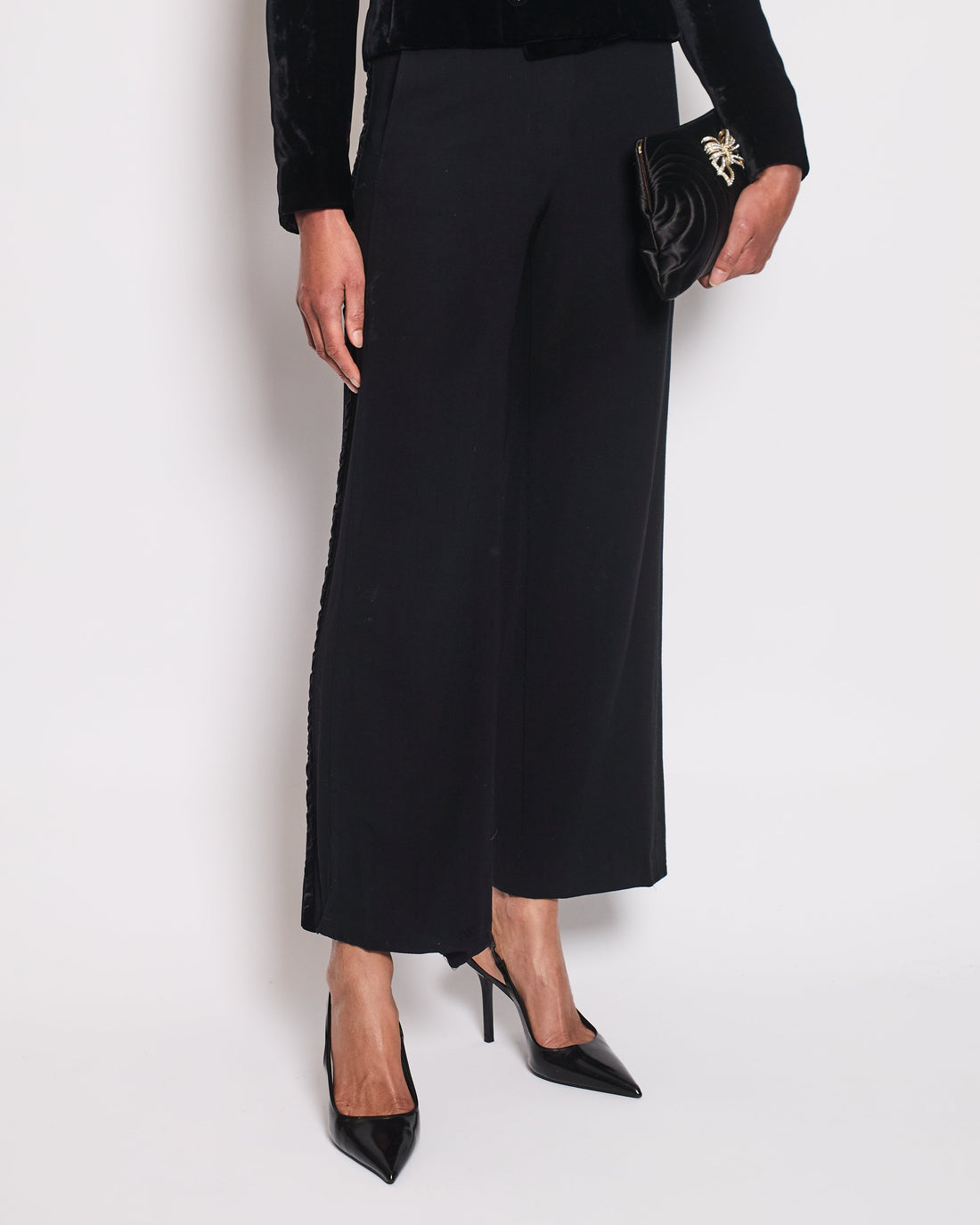 Pearl Street Bags Chanel Black Wide Leg Trors With Velvet Side Trim Size FR 38 (UK 10)